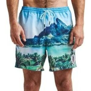 Roark Hinano Shorey 16"‎ Sun God Swim Trunks  Mens Small Blue Beach Print NWT